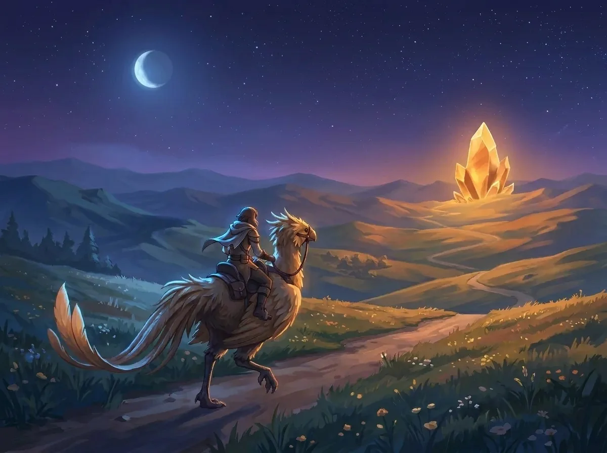 The same adventurer and golden chocobo by night, moonlit, riding toward the glowing crystal aetheryte on the horizon