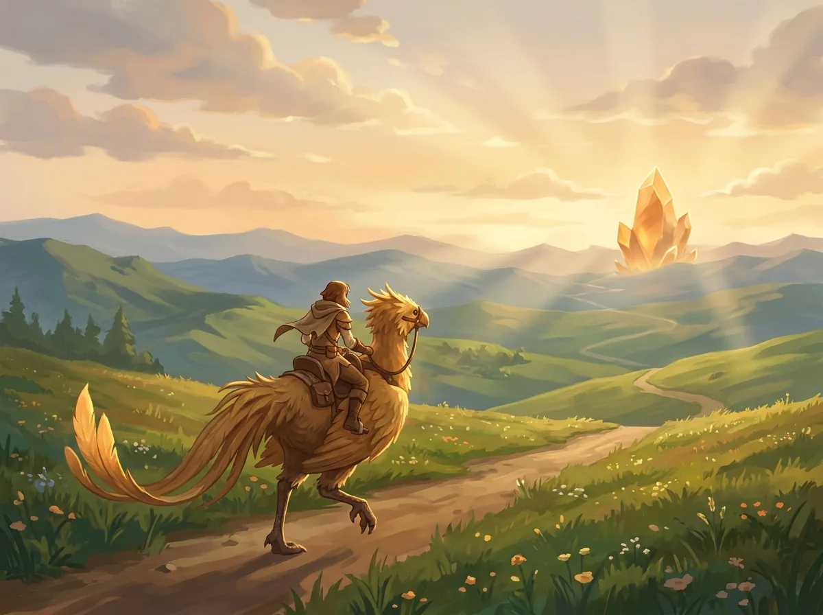 An adventurer riding a golden chocobo along a winding path through dawn-lit highlands toward a glowing crystal aetheryte on the horizon